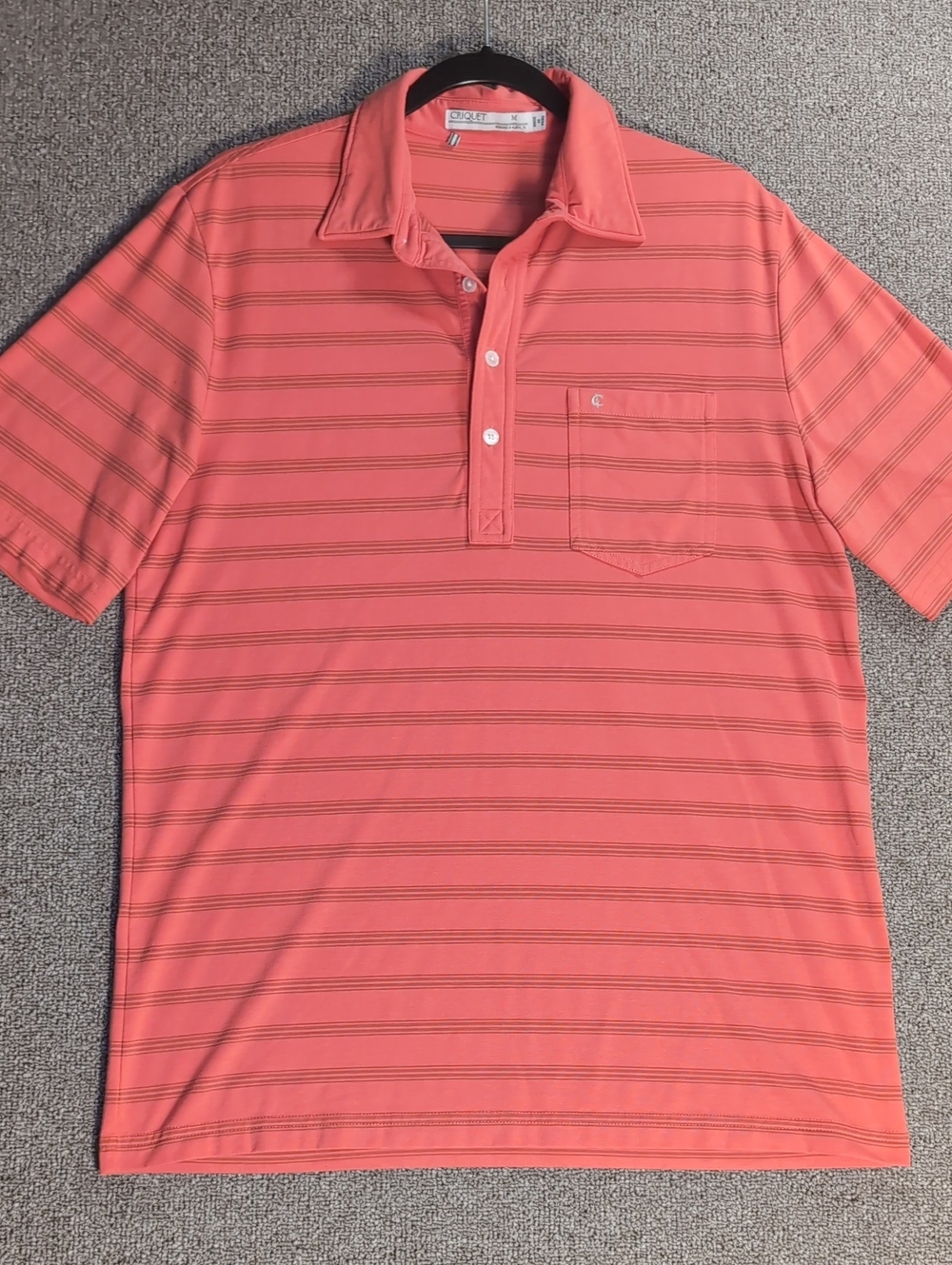 Criquet Performance Stretch Knit Pocket Polo Size Medium in Salmon/Gray Stripe